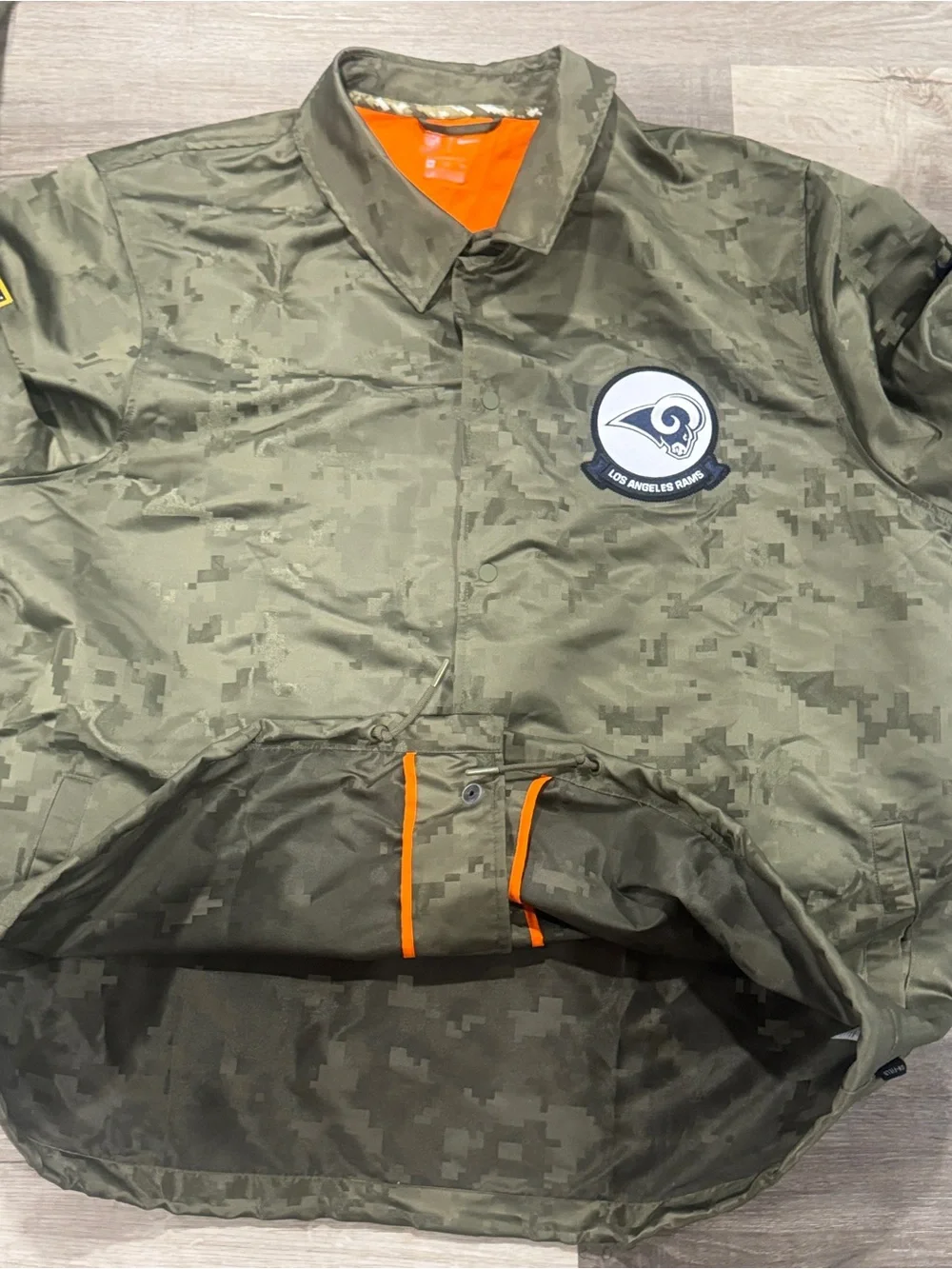 Nike NFL Los Angeles Rams Camo Coach Jacket - Olive Green with Orange Lining